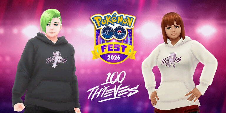 Pokémon GO Fest 2026 and 100 Thieves team up for special collection in Chicago with hats, shirts and hoodies inspired by Mega Mewtwo X and Mega Mewtwo Y, hoodie purchases include a matching avatar item voucher code