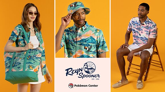 New selection of apparel from Hawaiʻi-based company Reyn Spooner featuring Aloha shirts, hat and tote bag available now at the official Pokémon Center