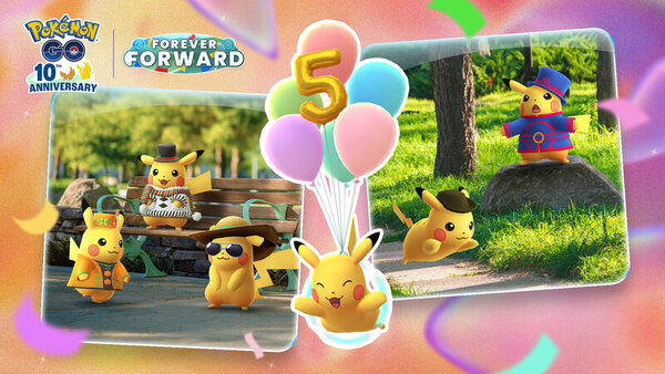 Pokémon GO Special Anniversary Pikachu Celebration event will run from July 13 to 20 featuring three celebrations of different costumed Pikachu, increased spawns of Pikachu, Shiny Pikachu and more