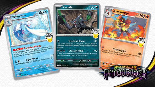 New Primarina, Zarude and Armarouge promo cards featuring “What’s Your Favorite” stamp revealed as purchase gifts to celebrate Pokémon TCG: Mega Evolution—Pitch Black